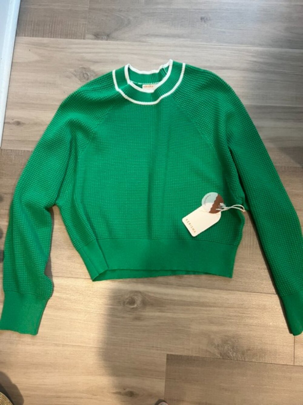 Kerisma Deuce Dolman Sweater Green White Trim Waffle Knit NWT Small